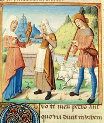 Ms 493 fol.15v Pastýř Menalcas a jeho neopětovaná láska, z Virgilových eklog s komentářem Servia, 1469
