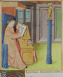 Ms 493 fol.29r Virgilův spis před Artemis, z The Georgics od Virgilia (70-19 př. n. l.) s komentářem Servia, 1469