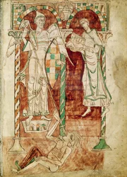 Ms 50 Fol.1v Kopista předkládá svou knihu svatému Michaelovi, z Poznání svatého Klementa