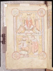 Ms 512 fol.4v Svatý Řehoř Veliký (asi 540-604) mezi svým otcem Gordienem a matkou Silvií a utopeným mužem jako andělem, z Liber Pastoralis