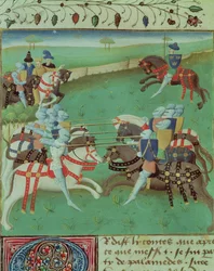 Ms 527 f.5v Výuka rytířů k klání, od Roman du Saint Graal