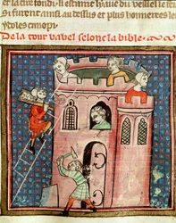 Ms 59 fol.17r Stavba babylonské věže, z Bible historické od Guiarta des Moulins