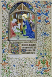 Ms 66 f.44r Panna Marie a Josef se klaní novorozenému Kristu, z knihy hodin, Amiens