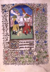 Ms 69 f.52r Dva andělé zjevující se pastýřům z Besanconské knihy hodin (vellum)