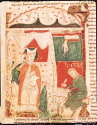 Ms 70 f.57 Papež Řehoř I. Veliký (asi 540-604) diktuje Knihu Jobovu svému písaři Petrovi, z Morálií o Jobovi od papeže Řehoře Velikého.