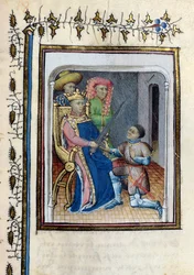 Paní 814 Charles V (1338-80) vrací Meč vrchního konstábla Bertrandovi du Guesclin (asi 1320-80) z Histoire de Du Guesclin po básni Cuveliera, počátek 15. století