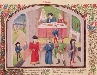 Ms 927 Fol.52v Marnotratnost, liberálnost a chamtivost, z Etiky, politiky a ekonomie od Aristotela (384-322 př.nl)