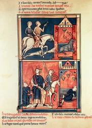 Paní Fr 1098 Lov na jelena a krále, možná Dagobert I. (632-39) na jeho trůnu, ze Života a zázraků sv. Denise