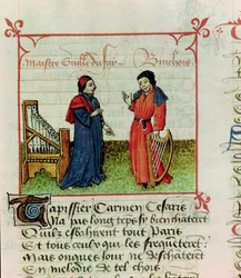 Paní Fr 12476 fol. 98 Guillaume Dufay († 1474) a Gilles Binchois († 1460) z Le Champion des Dames od Martina le Franc (1410-61) 1440