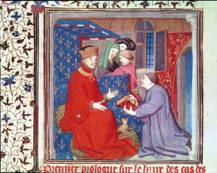 Paní Fr 131 f.1 Jean (1340-1416) vévoda z Berry dostává rukopis od Boccaccia z Cas des Nobles Hommes et Femmes od Giovanniho Bocaccia (1313-75)
