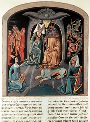 Ms Fr. 143 f.136v Hádes a Persefona sedící v podsvětí na trůnu v podobě orlí hlavy s Cerberem před sebou (pergamen).