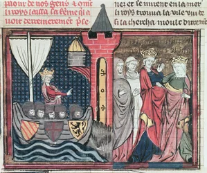 Paní Fr 22495 Fol.101 Baldwin I Překročení řeky Jordán a zřeknutí se manželky, z Le Roman de Godefroi de Bouillon, 1337