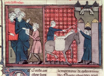 Paní Fr 22495 Fol.37v Posel byl vyslán zachránit Antiochii, z Le Roman de Godefroi de Bouillon, 1337
