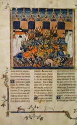 Paní Fr. 352 fol. 49v Bitevní scéna, z biografie Godefroi de Bouillon, Historie západních svatých