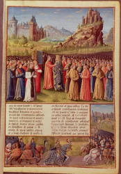 Paní Fr. 5594 f.138 Saint Bernard (asi 1090-1153) z Clairvaux káže druhou křížovou výpravu za přítomnosti francouzského krále Ludvíka VII. (asi 1120-80) ve Vezelay v roce 1146, z Passages faits Outremer.