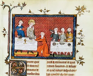 Paní Fr. 5716 f.213 St. Louis Feeding the Poor, from Life and Mirracles of St. Louis, c.1330-40
