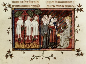 Paní Fr. 5716 fol.246 St. Louis vynášející rozsudek a odsuzující Enguerranda de Coucy (1228-1311) za oběšení tří mladých šlechticů ze života a zázraků St. Louis, kolem 1330-40