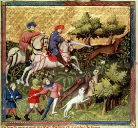 Paní Fr 616 fol.96v Lov na vlka, z knihy Gastona Phebuse de Foix (1331-91)