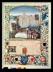 Paní Fr 82 Fol. 59 Burgundská a anglická armáda, z Anciennes Chroniques dAngleterre, Jean Batard de Wavrin, kolem 1470-80