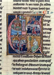Ms Fr 9081 fol.206 Historická iniciála C zobrazující Konráda III. (1137-52) německého císaře a Ludvíka VII. (1120-80) francouzského krále, obléhající Damašek v roce 1148, z Histoire de Jerusalem od Viléma z