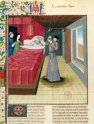 Ms Fr 9140 fol.120v Lékař provádějící rozbor moči, z knihy Livre des Proprietes des Choses od Barthelemyho lAnglais, 1480.