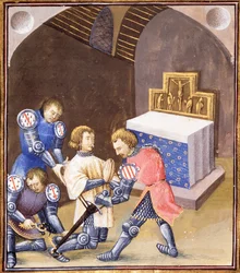 Paní Fr 99 f.561 Galahad obdrží meč a ostruhy v rituálu rytířství, než odejde na Hledání Grálu