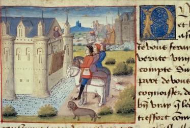 Paní Hunter 252 f.169v Příkop kolem města, z Les Cent Nouvelles Nouvelles, 1462