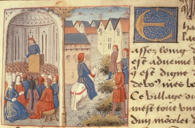 Ms Hunter 252 f.183r Přednáška a strouhání spěchá v ulicích, z Les Cent Nouvelles Nouvelles, 1462