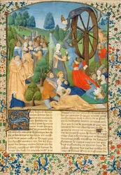Ms Hunter 371 f.1r Dáma Štěstěna a oběti padající z jejího kola, z Boccacciova "Pádu knížat".