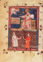 Paní Lat 14023 fol.1v Bůh tvořící medicínu a dávající vědění lékařům, z Canon of Medicine od Avicenny (Ibn Sina) (980-1037) přeložil Gerard de Cremone (1114087) kolem 1320