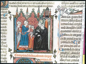 Ms Lat 3893 Fol.98 Rodiče nabízejí biskupovi peníze, aby vzal svého syna do opatství, 1314