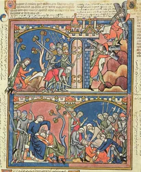 Paní M 638 fol.15r Samson a Dalila, z Morgan Picture Bible, c.1244-54