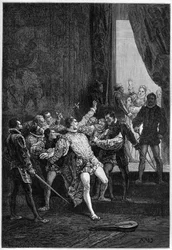 Vražda Davida Rizzia (Davideho) v přítomnosti Marie Stuartovny (Marie I.) (1542-1587) - rytina v díle „L