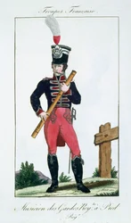 Hudebník Royal Footguards, z Troupes Francaises, hospoda. chez Basset, Paříž, kolem roku 1790