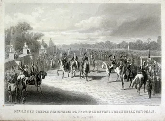 Vojáci Národní gardy chrání Národní shromáždění v Paříži. Rytina z francouzské revoluce roku 1848