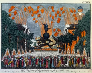 Národní slavnost 14. července 1801 na Champs-Élysées v Paříži: ohňostroj zaujímá místo hvězdy na Champs-Élysées v Paříži. Tisk z roku 1801, Paříž, Musée Carnavalet