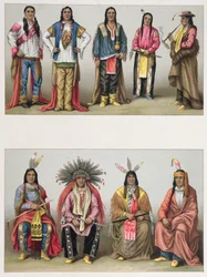 Indiáni z povodí Mississippi a z Colorada, ilustrace z knihy Le Costume Historique od A. Racineta, vydané v Paříži 1888