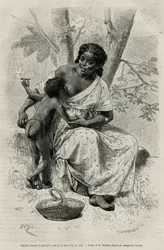Negillon kouří a bere si prsa své matky v oblasti Darien (východní Panama), rytina podle kresby D. Maillarta pro ilustraci příběhu Průzkum šíjí Panamy a Darien, od A. Recluse, poručíka lodi, v letech 1876 až 1878