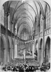 Neogotická architektura: vnitřní pohled na kostel Sainte Clotilde (1846-1857), v Paříži, během jeho inaugurace dne 30. listopadu 1857. Rytina od Bertranda v „“ Le Monde Illustré““ č. 34 z 5. prosince 1857.