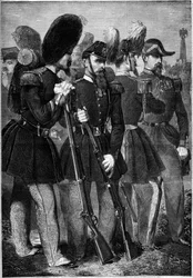 Nové uniformy francouzské císařské gardy v roce 1860. Rytina v „“ Le Monde Illustré““ č. 165 z 9. června 1860.