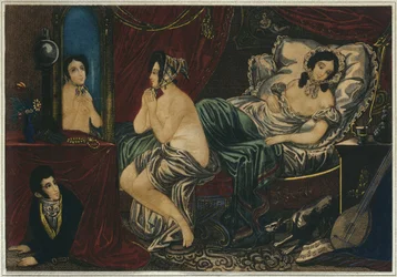 Noc, spaní, začátek 19. století (barevné rytí)