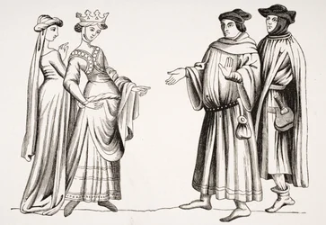 Vznešená dáma a ctihodná a dvě měšťanky, po miniaturě v „Merveilles du Monde“, z „Le Moyen Age et La Renaissance“ od Paula Lacroixe (1806-84) vydaného v roce 1847