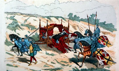 Šlechtic nesený v nosítkách sluhami během 14. století v Evropě (color litho)