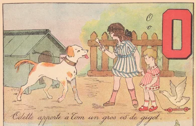 Odette přináší Tomovi velkou kost z nohy., kolem roku 1920 (tisk)