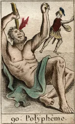 Odysseus (nebo Ulysses) oslepuje kyklopa Polyféma, z „Mythologie de la Jeunesse“ od Pierra Blancharda