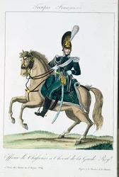 Důstojník královské koňské gardy, z Troupes Francaises, hospoda. chez Basset, Paříž, kolem roku 1790