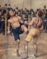 Jedno z prvních setkání savate, francouzský box, se utkalo v Paříži v roce 1899, barevná rytina. Francie