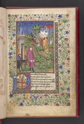 Úvodní stránka. Pán v krajině, za ním další na koni se třemi dámami.  Le livre des quatre dames; podle Alaina Chartiera. Le livre des quatre dámy; podle Alaina Chartiera.  Chartier, Alain, blíže neurčený, tajemník Karla V