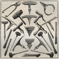 Golfevre nástroje. Rytina z roku 1885 v „Les arts et professions illustrés““ od Adolphe BITARDA.