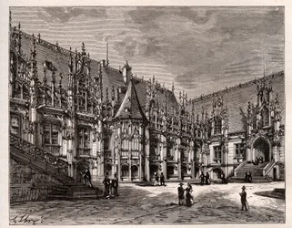 Palais de Justice de Rouen bývalý parlament Normandie - rytina v „France illustree: geografie, historie, statistická správa“ od V.A. Sladově hnědá. 1884